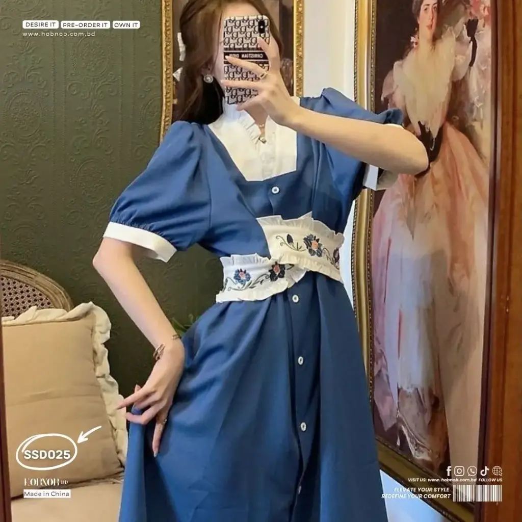 French Art-Inspired Lapel Blue Romantic Embroidered Dress