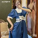 French Art-Inspired Lapel Blue Romantic Embroidered Dress
