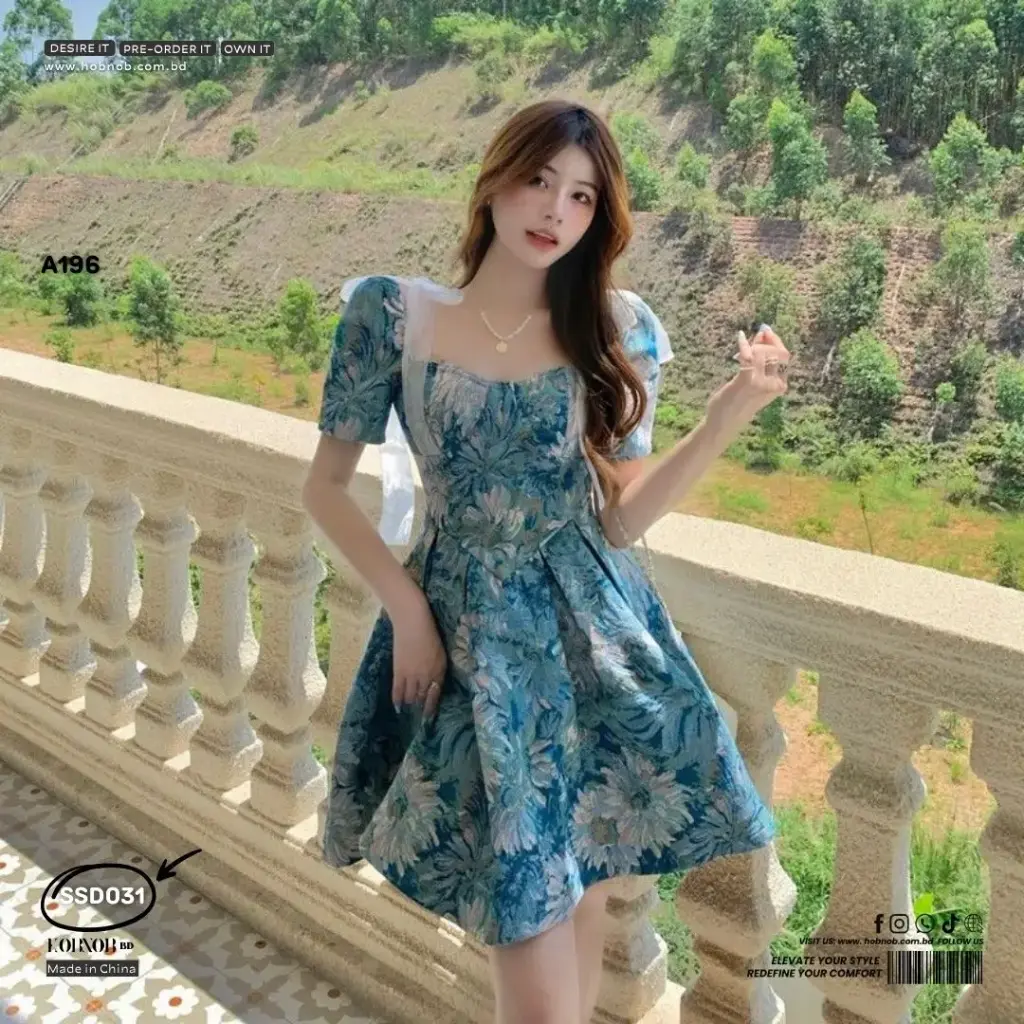 Blue Oil Painting Print Puffy Short Skirt Floral Dress 