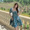 Blue Oil Painting Print Puffy Short Skirt Floral Dress 