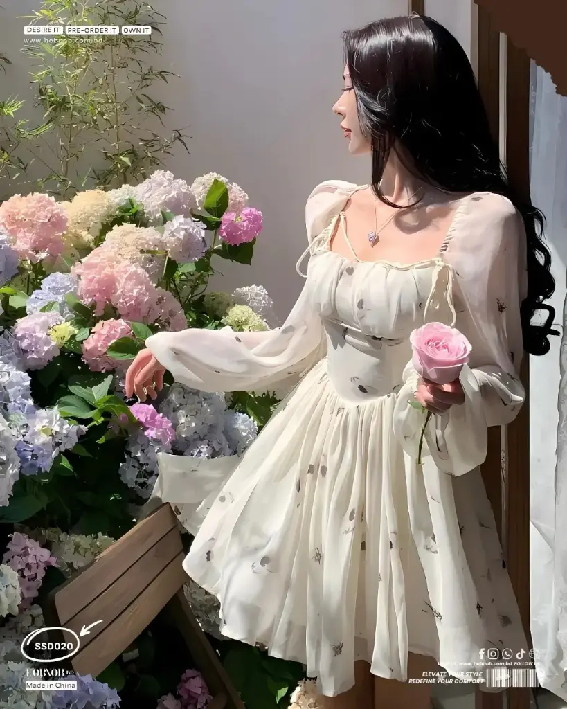   Square Collar Long Sleeve Vintage Floral Puff Sleeve Dress 