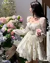   Square Collar Long Sleeve Vintage Floral Puff Sleeve Dress 