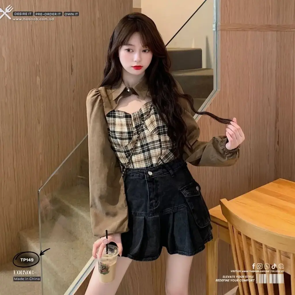 French Chic Puff Sleeve Plaid Patchwork Shirt 