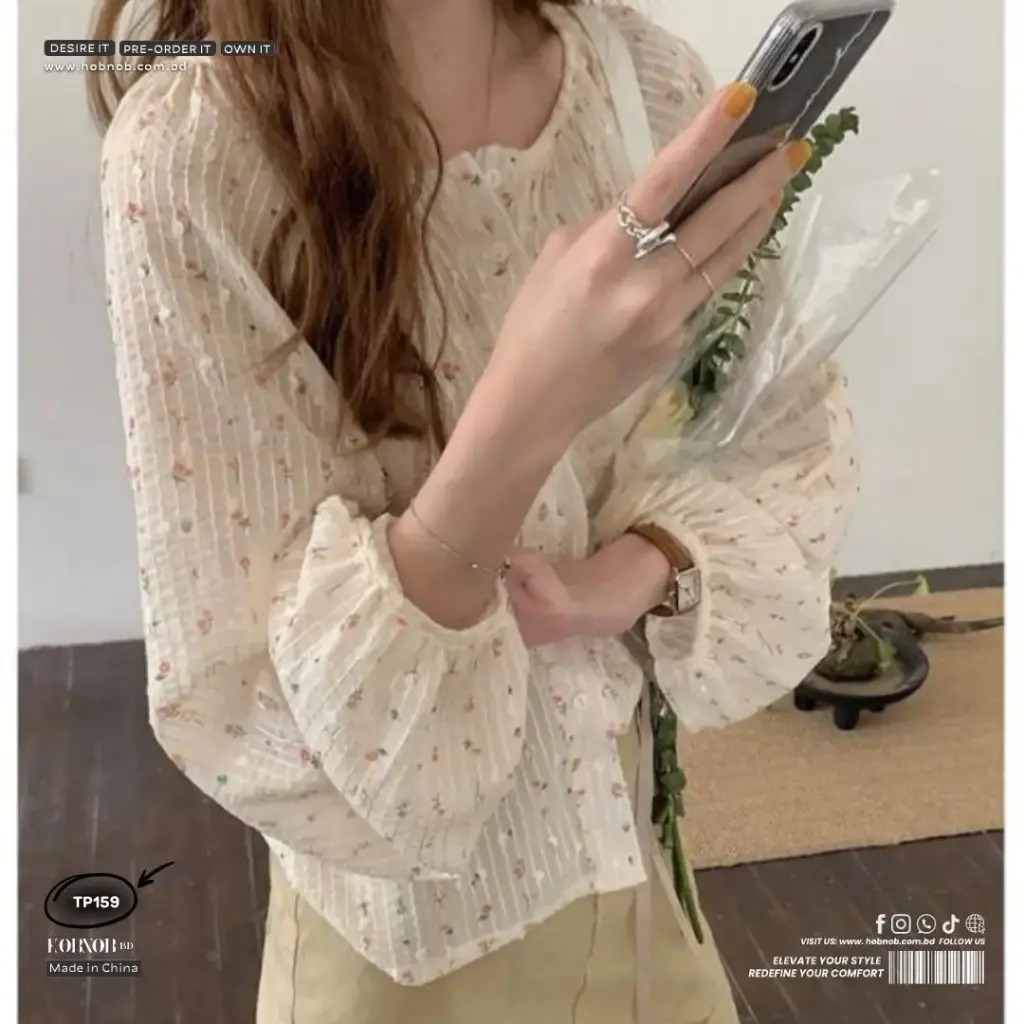 Korean Style Floral Chiffon Puff Sleeve Shirt Spring Sweet