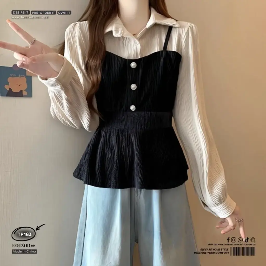 Korean Style Contrast Stitching Fake Two-Piece Waist Dress 