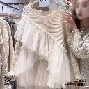 French Sweet Mesh Spliced Knit Sweater Milk Coffee Color