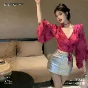 Rose Red French Floral Puff Sleeve V-Neck Shirt Street Style