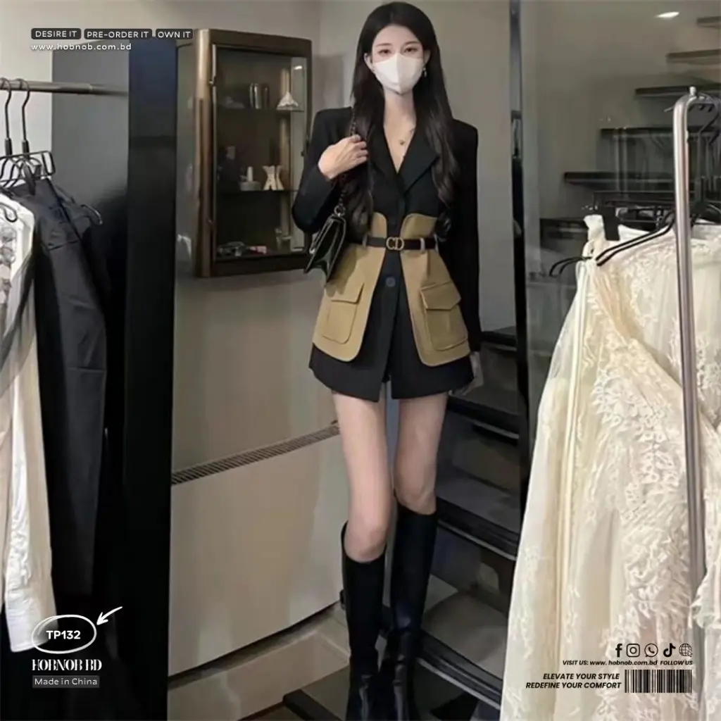  High-End Korean Contrast Stitching Suit Jacket Skirt Set British Chic 