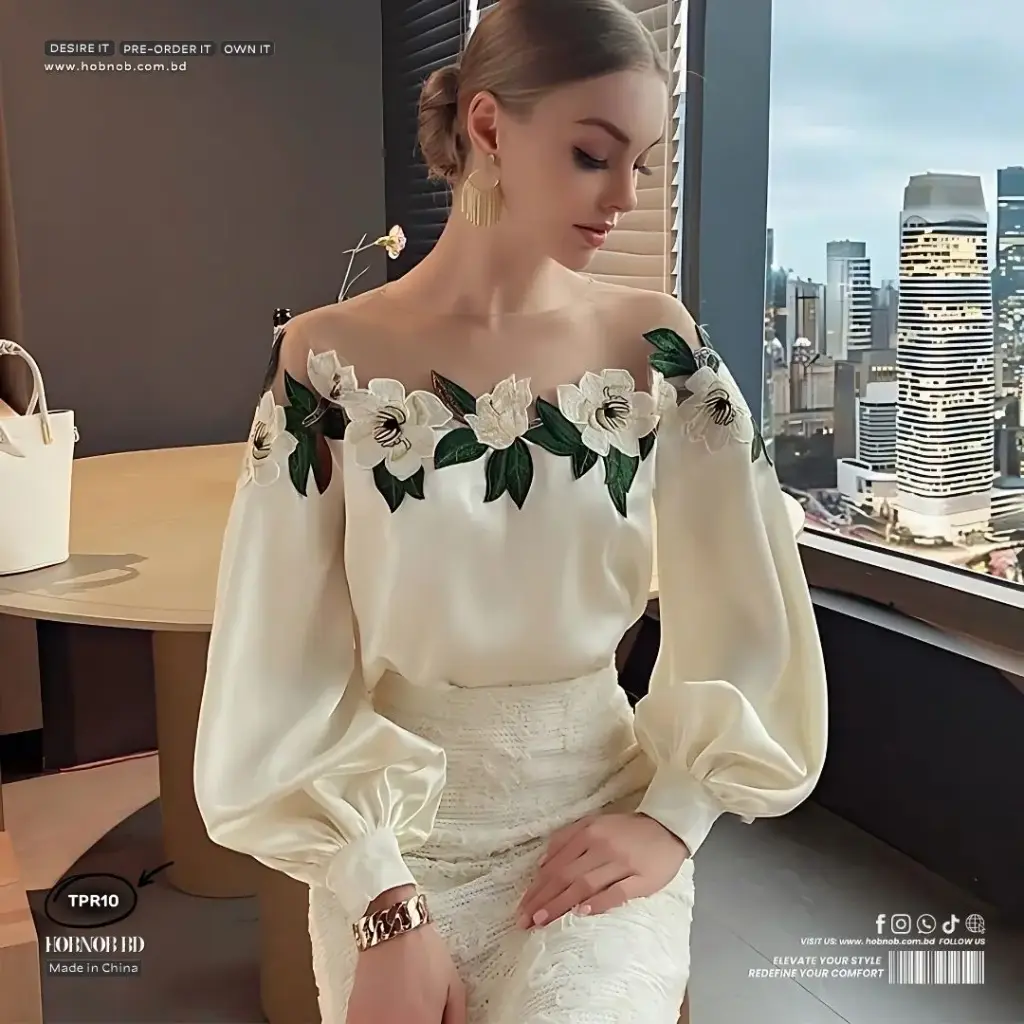 French Retro Embroidered Chiffon Mesh Shirt Off-Shoulder Top