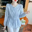  French-Inspired Puff Sleeve V-Neck Shirt  Waist Top 