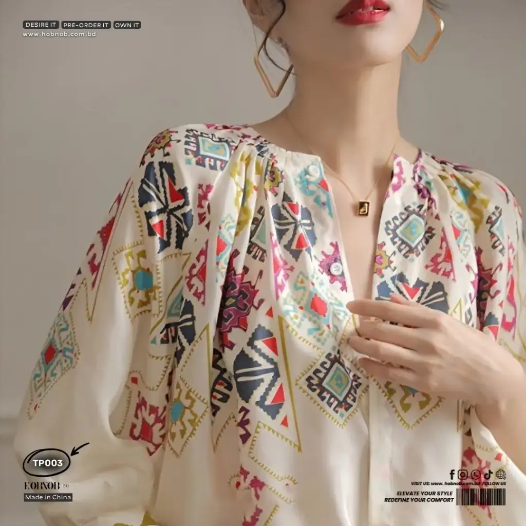  French Ethnic Printed Chiffon Top Korean-Style V-Neck Blouse  