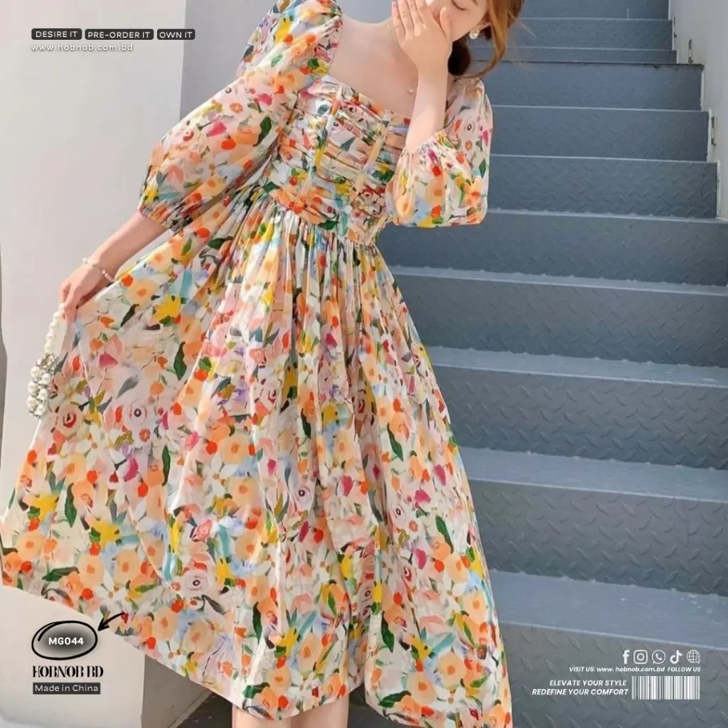 French Hepburn Style Floral Puff Sleeve Dress