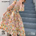 French Hepburn Style Floral Puff Sleeve Dress