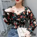 Fairy-Inspired Floral Chiffon V-Neck Shirt Slim Fit Puff Sleeve Top 
