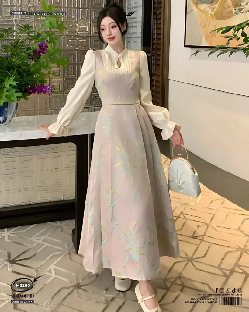  Plus Size Chinese Style Jacquard Lantern Sleeve Faux Two-Piece Dress  