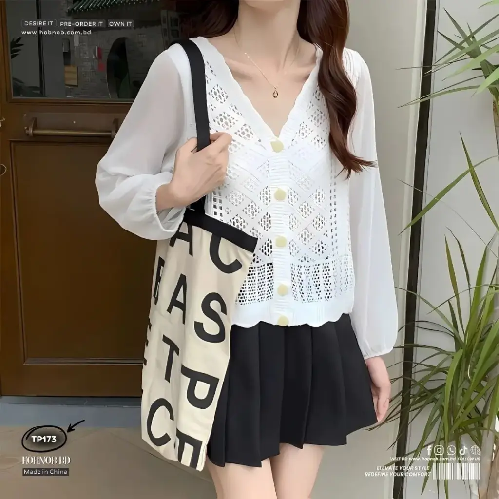 Hollow Knit Chiffon Splice Cardigan  Loose Fit V-Neck Top