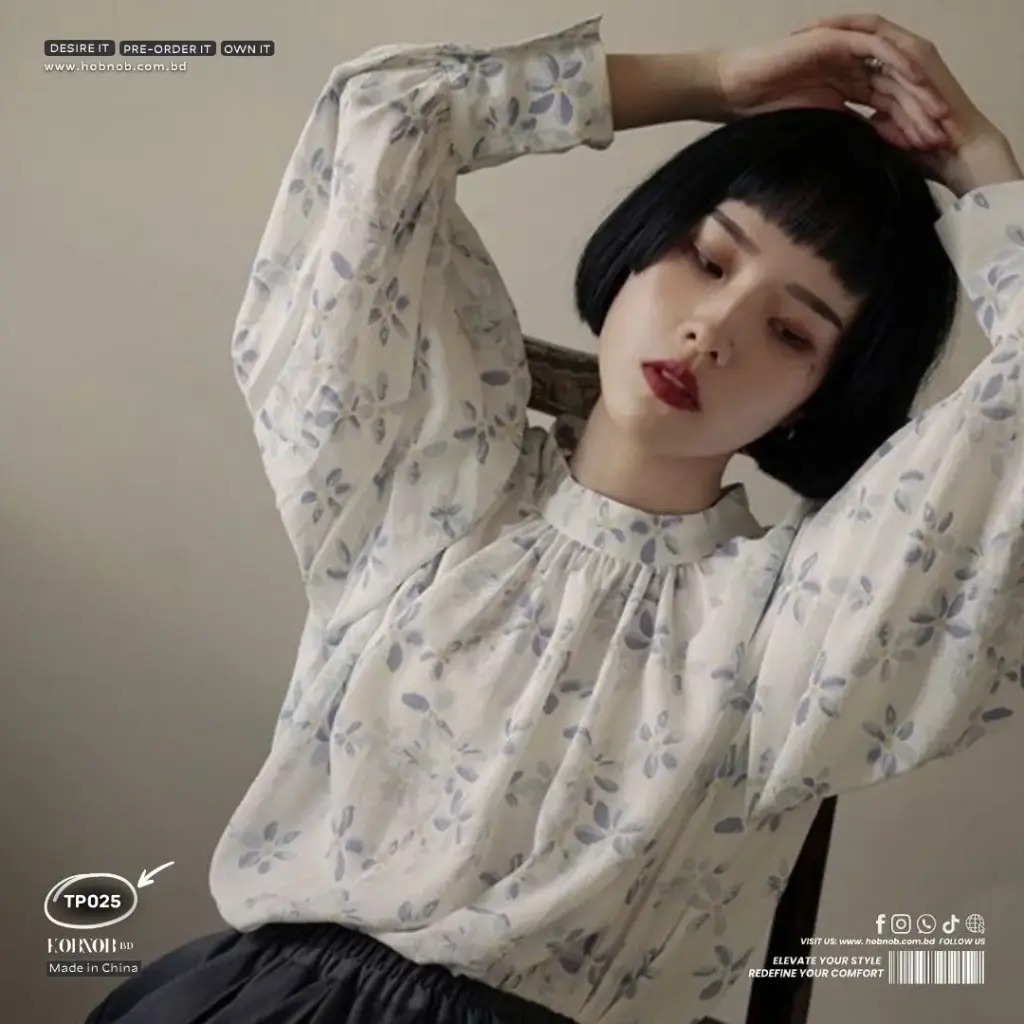 Floral Puff Sleeve Chiffon Shirt Stand Collar Vintage Blouse 