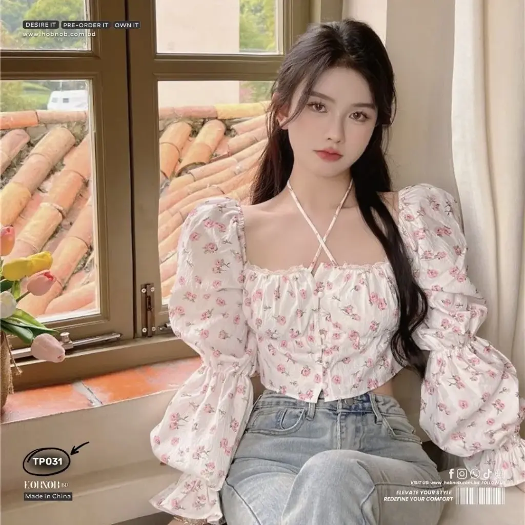 Korean Drama Style Square Collar Floral Puff Sleeve Shirt 