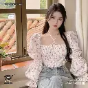 Korean Drama Style Square Collar Floral Puff Sleeve Shirt 