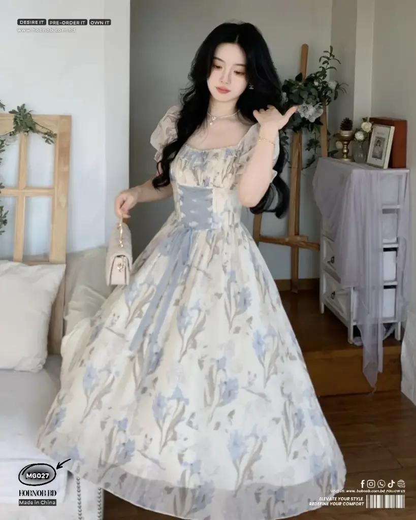 Blovelan Dreamy Romantic Print Lace-Up Waist Dress