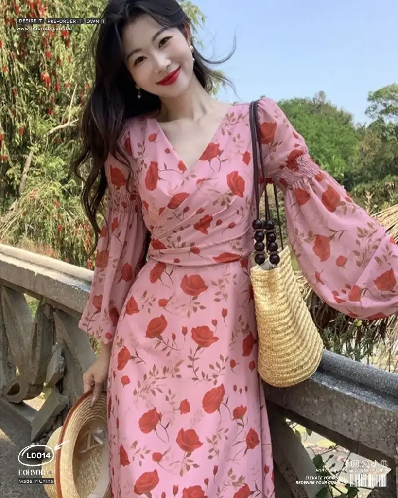Rose Floral V-Neck Long Sleeve A-Line Dress 