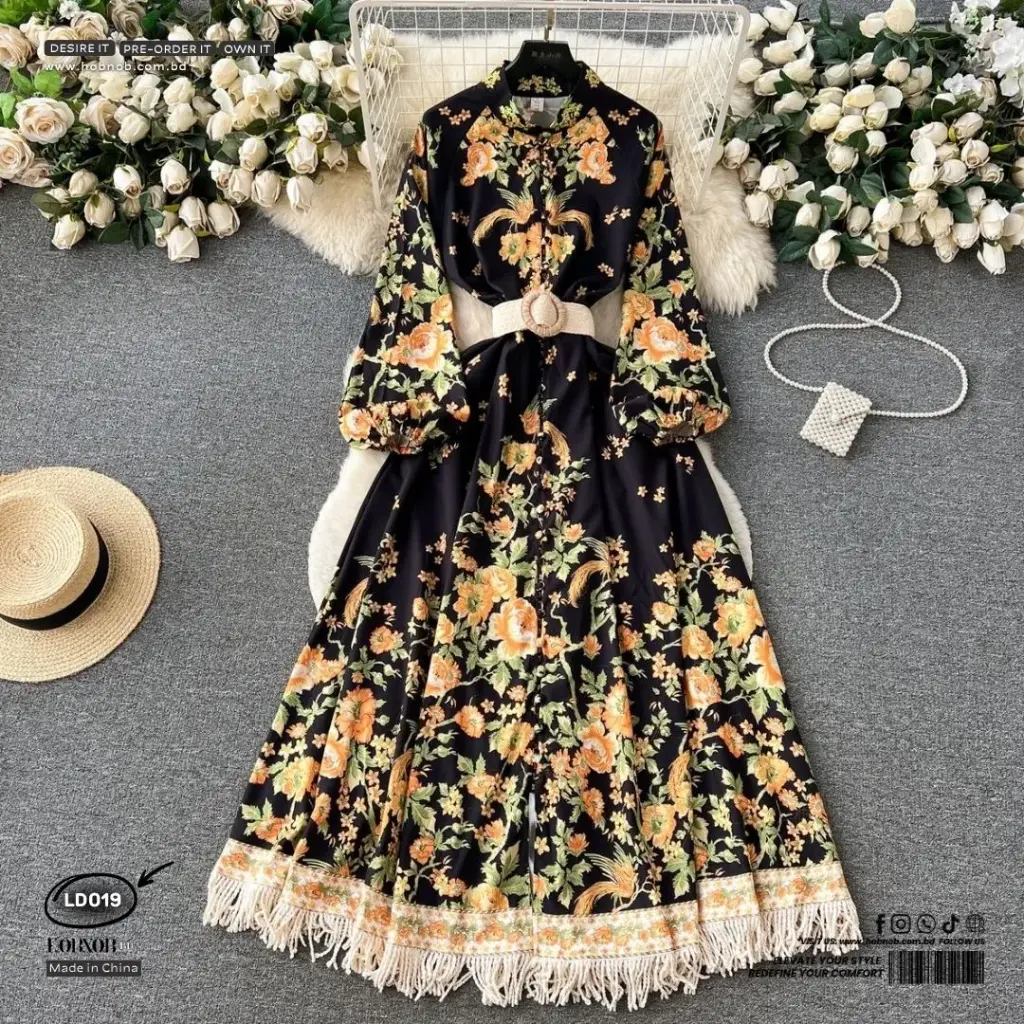 French Palace Style Floral  Long Puff Sleeve A-Line Dress 