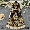 French Palace Style Floral  Long Puff Sleeve A-Line Dress 