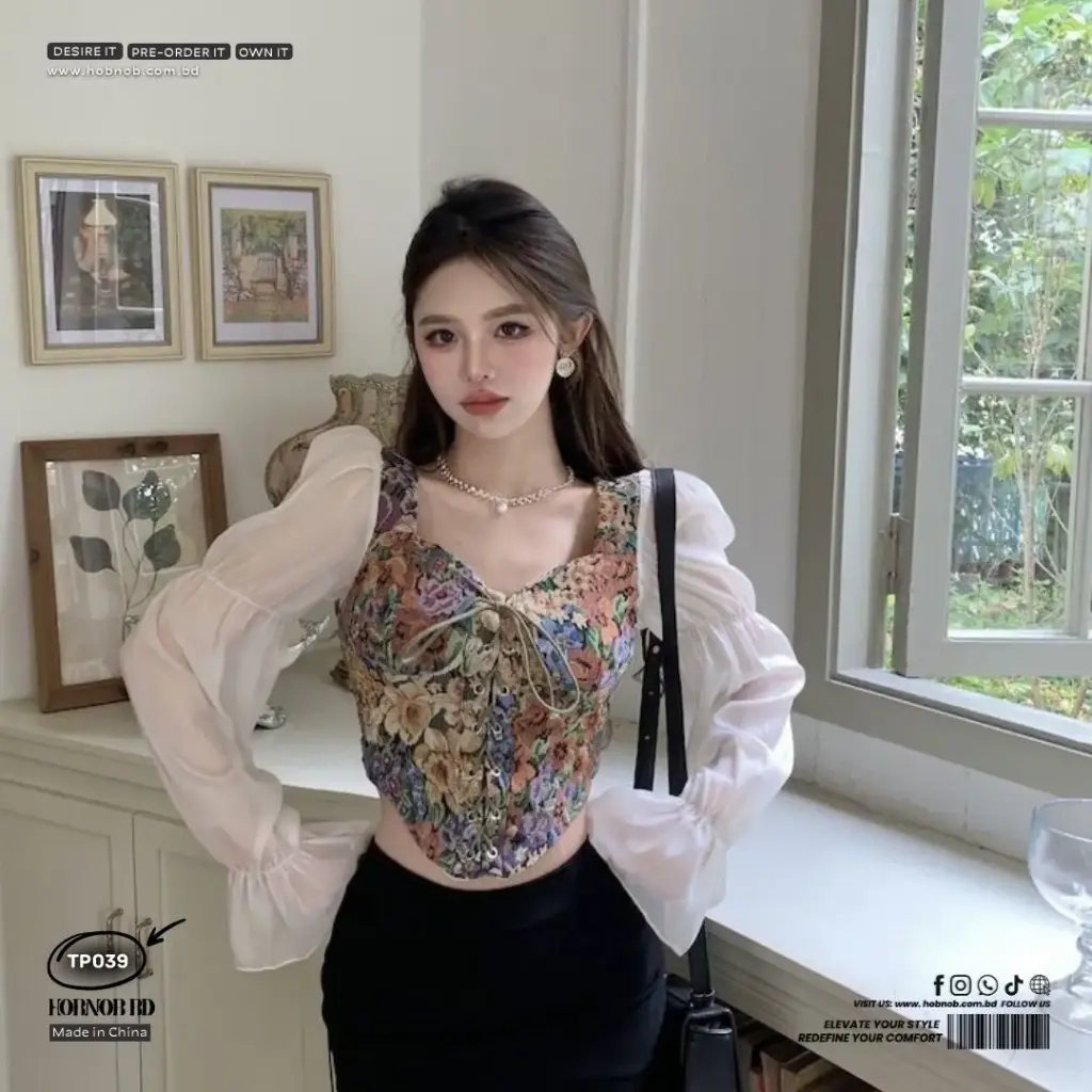 French Retro Square Neck Puff Sleeve Floral Shirt