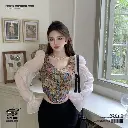French Retro Square Neck Puff Sleeve Floral Shirt