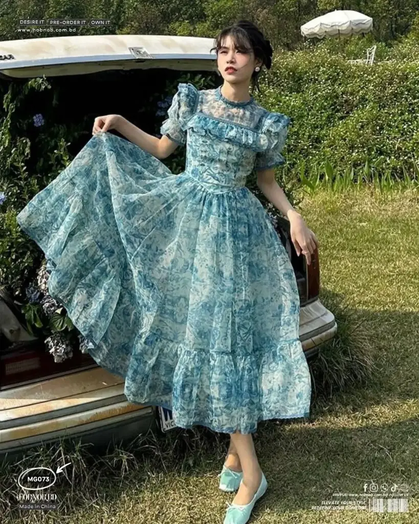 French Court Style Blue Floral Print Dress
