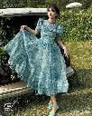 French Court Style Blue Floral Print Dress