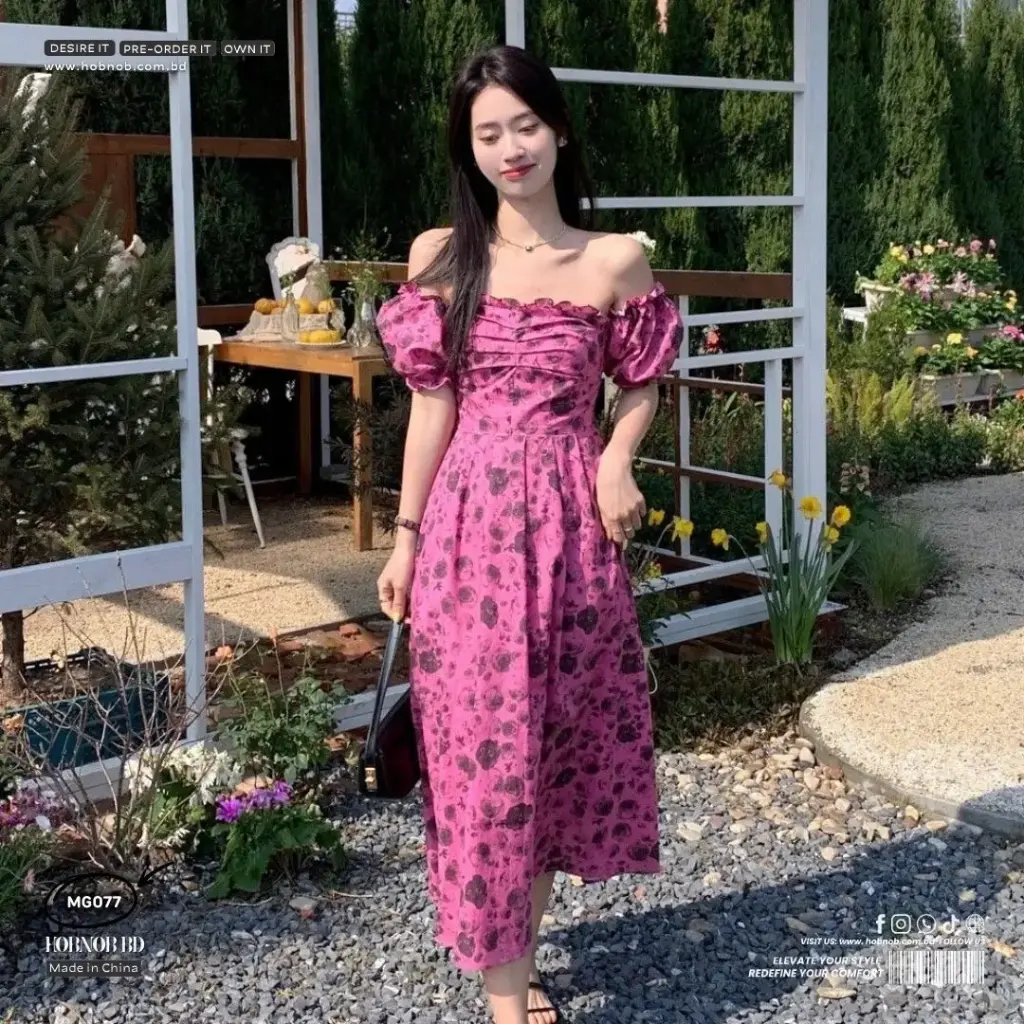 Ou Ziya French Floral One-Shoulder Puff Sleeve Dress