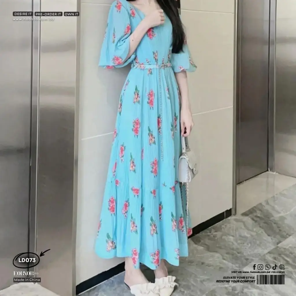  Blue Floral Chiffon V-Neck Dress Inspired by Liu Yifei Polyester