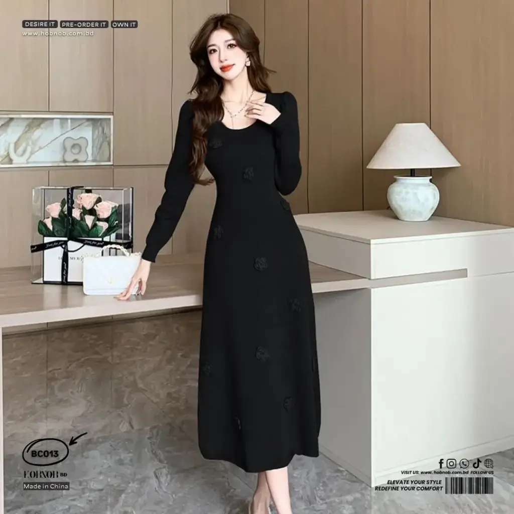 Celebrity Style Floral U-Neck  Knitted Dress  