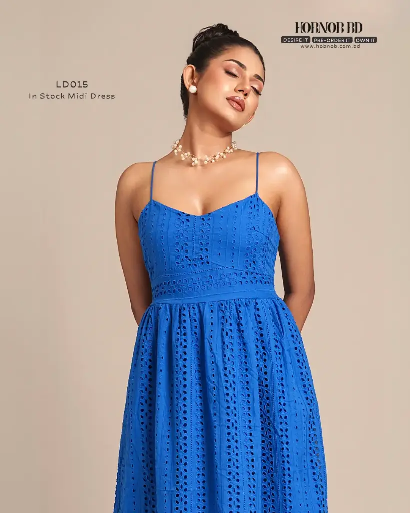 French Style Retro Embroidered Blue Midi Dress 