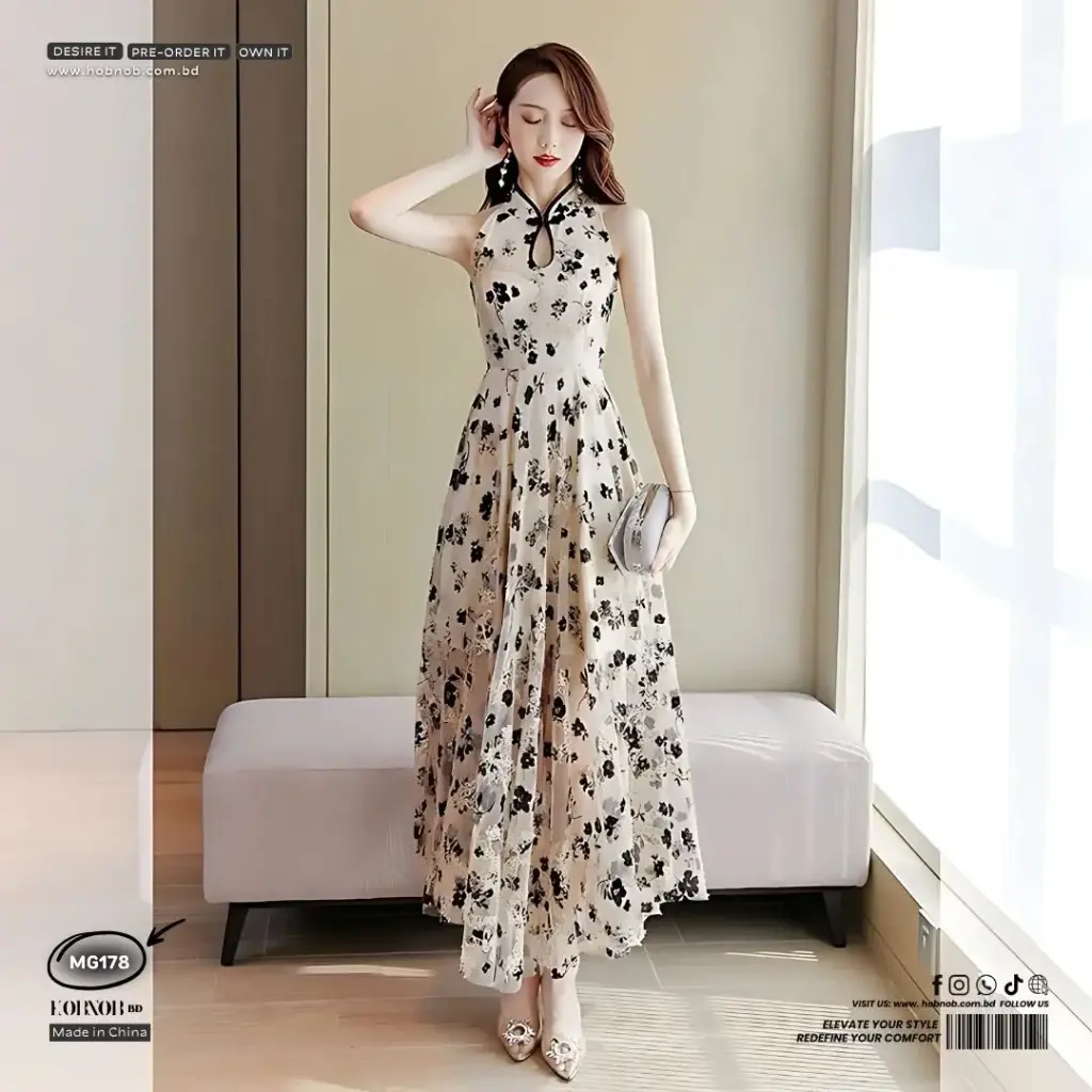  Retro Floral Halter Cheongsam-Inspired Dress