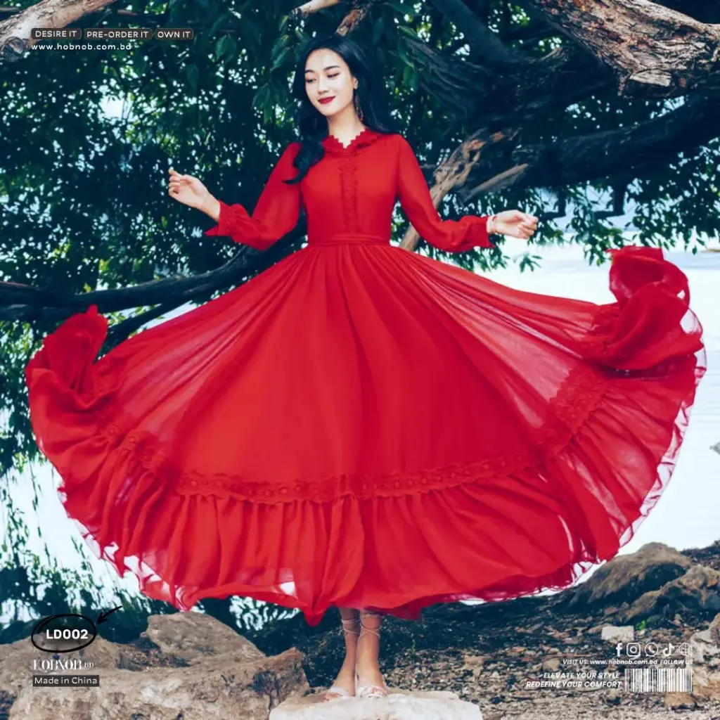 Ankle Length Long Sleeve Chiffon Red Swing Dress For Women