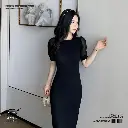  Meishi Meike Ice Silk Knitted Puff Sleeve Slit Skirt Dress