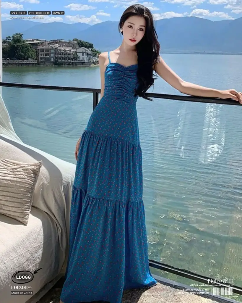 Blue Floral One-Shoulder Backless Dress 