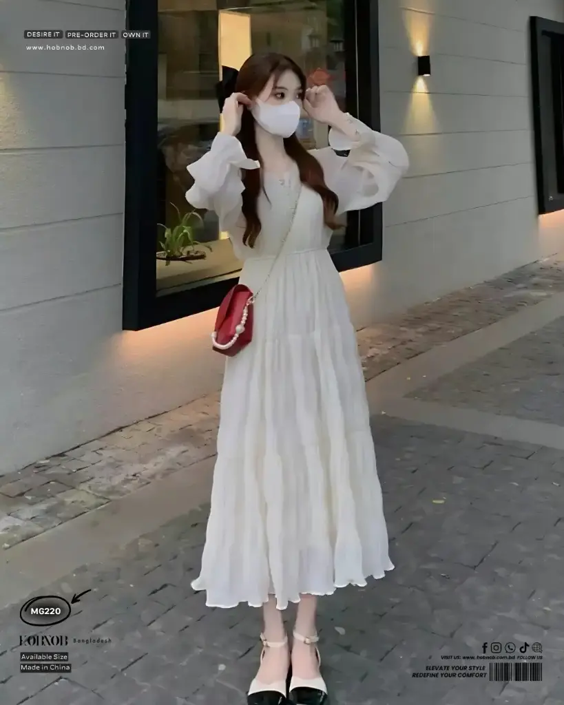 Laimei White Chiffon V-Neck Long Sleeve Swing Dress 