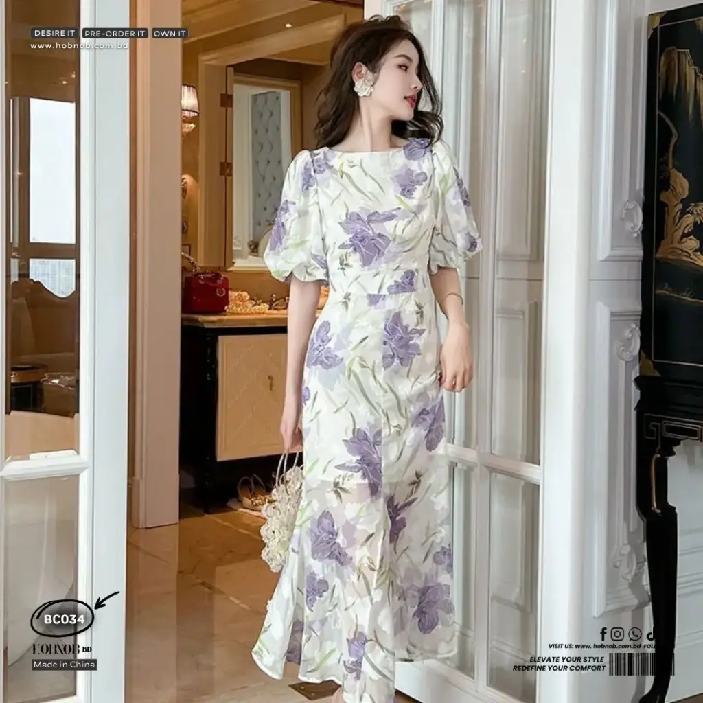  Fishtail Purple Print Floral Puff Sleeves Dress