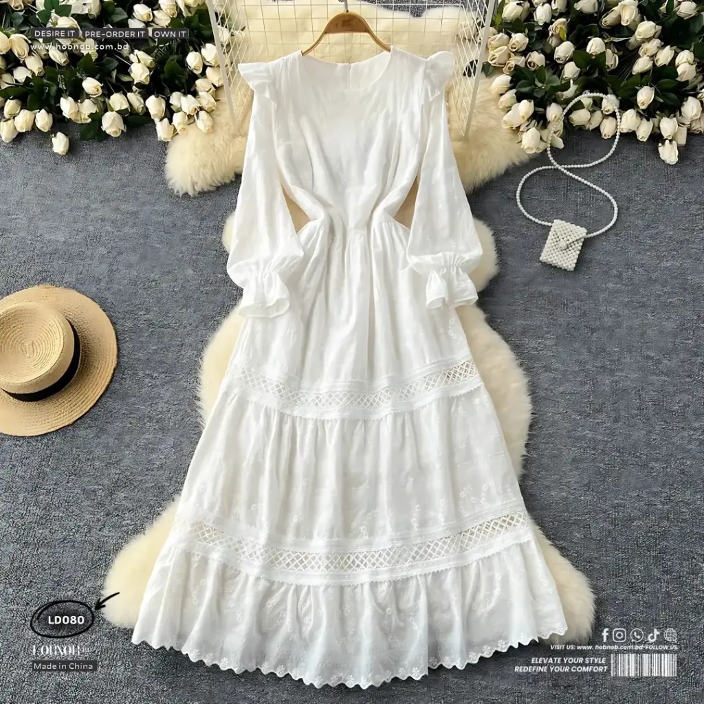  High Waist Embroidered Lace Midi Dress 