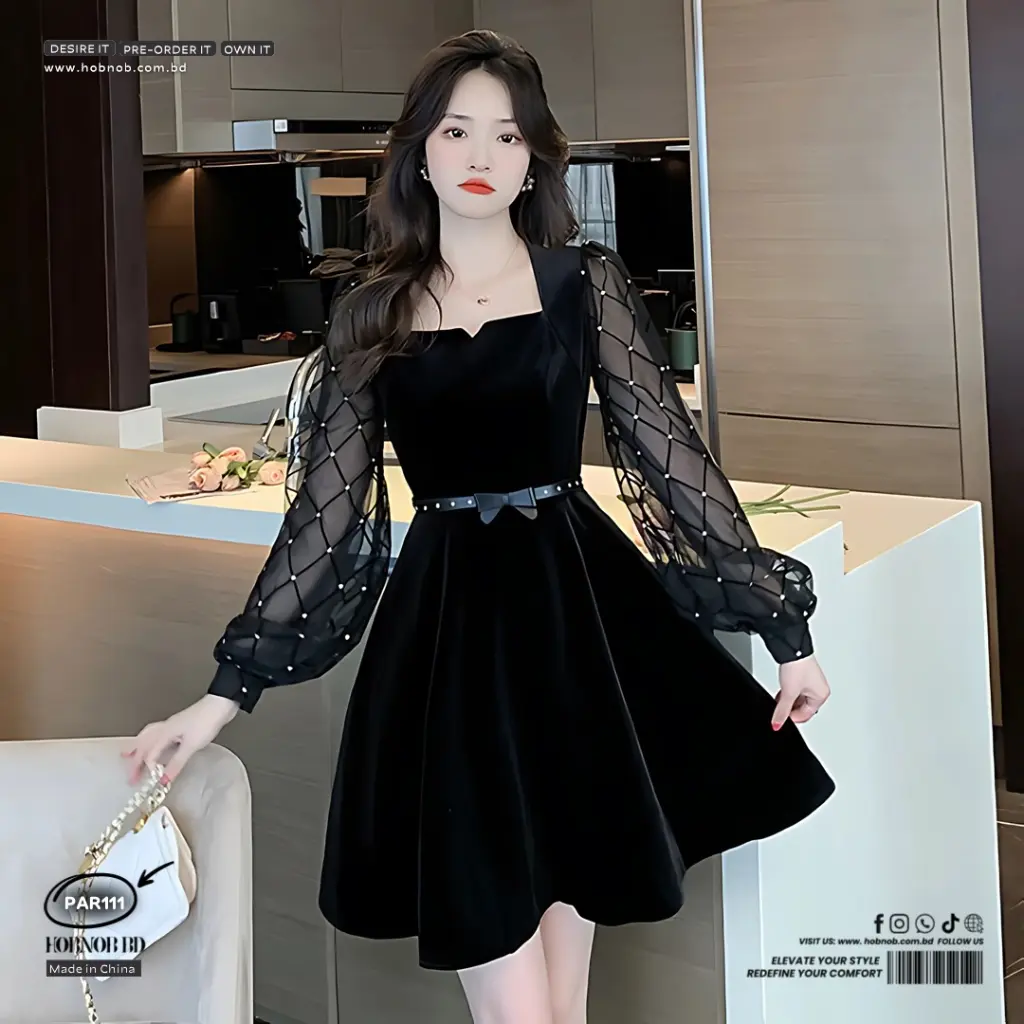 French Black Velvet A-Line Dress – Hepburn Style, Square Neck, Long Sleeve