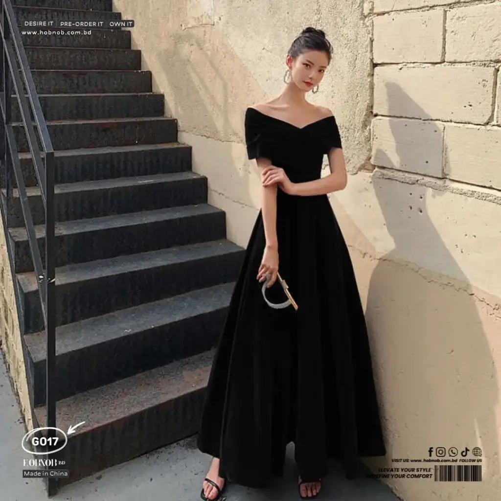 French Retro One-Shoulder Long Toast Gown – Black