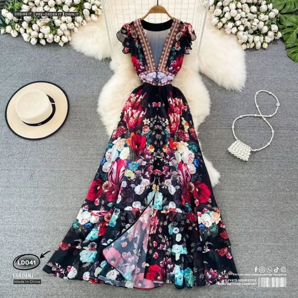   Floral V-Neck Style Long Sleeve A-Line Dress