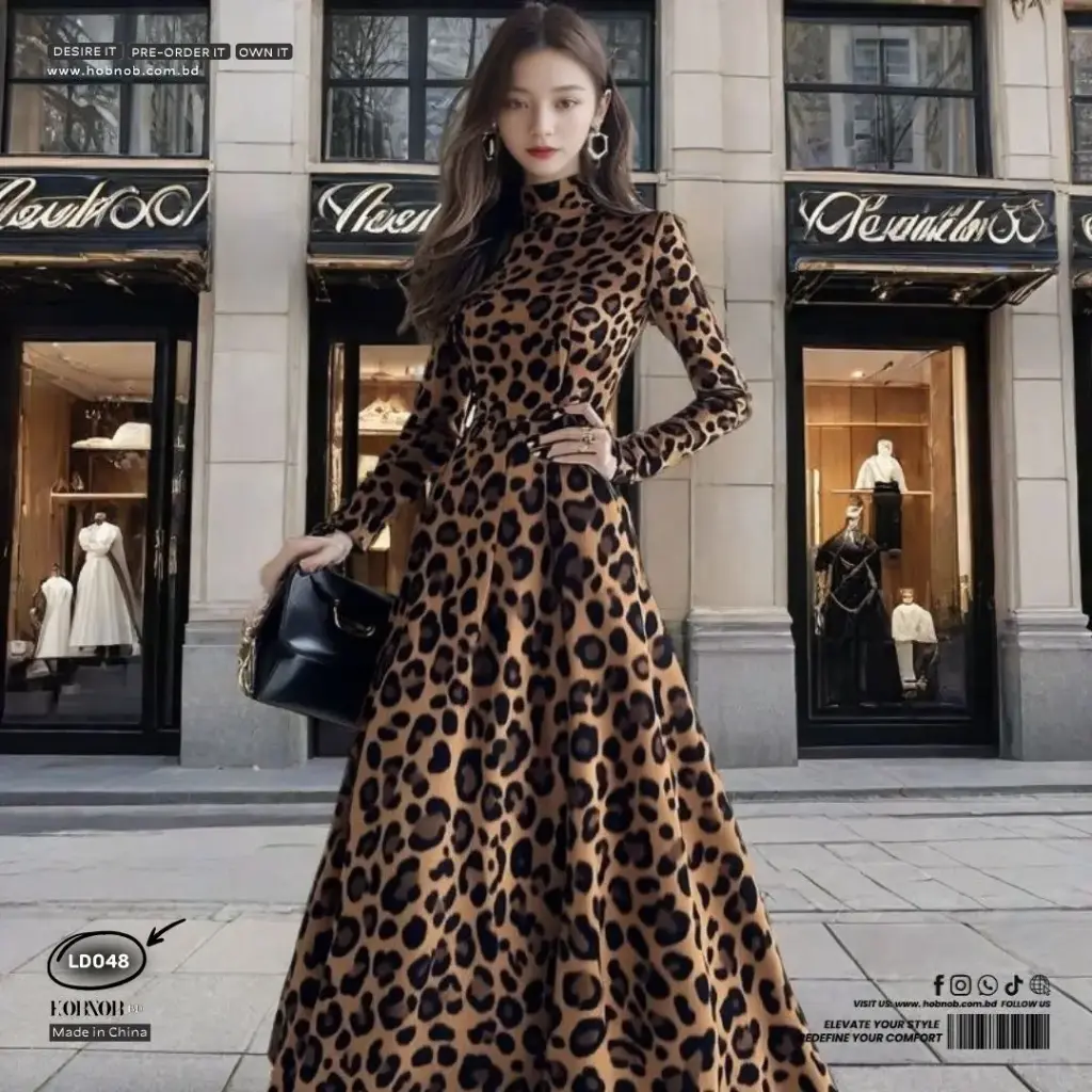 Leopard Print Satin Long Dress –High-Waist A-Line Swing Gown 