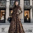 Leopard Print Satin Long Dress –High-Waist A-Line Swing Gown 