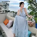 V-Neck Chiffon Blue Plaid Halter Long Dress 