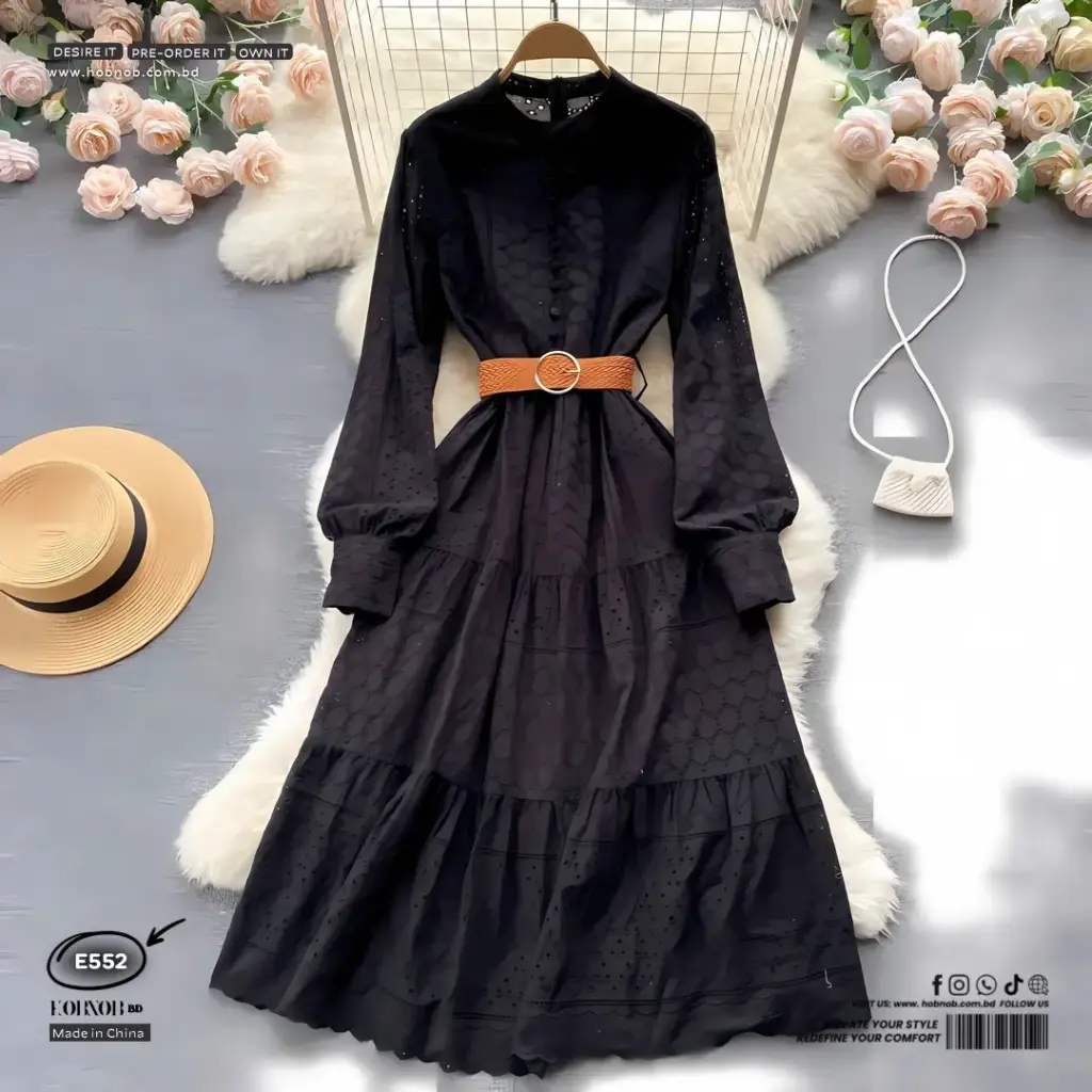  Japanese Hollow Embroidery Midi Dress