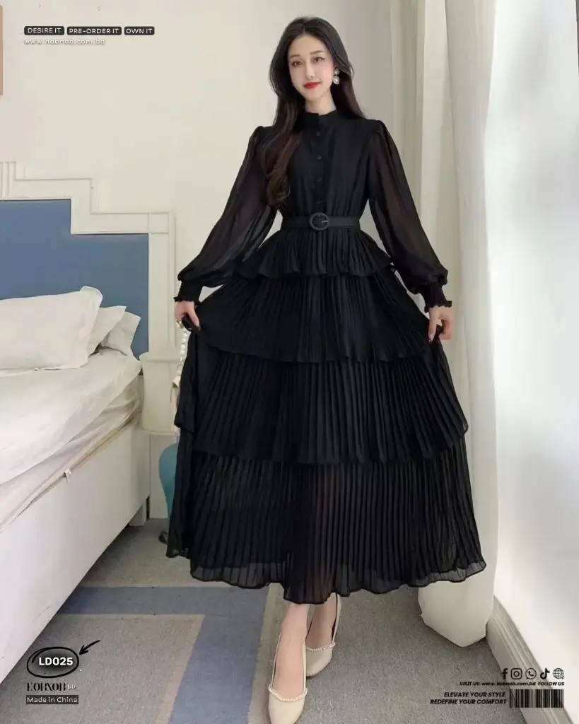  High-Waist Chiffon Cake Skirt Long Sleeve A-Line Dress